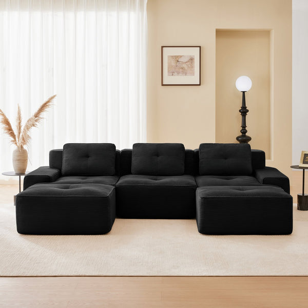 English Elm 117" Modern U-Shaped Modular Sectional Sofa, Black Corduroy, Deep Seat & Movable Ottoman, No Assembly! W714S01478