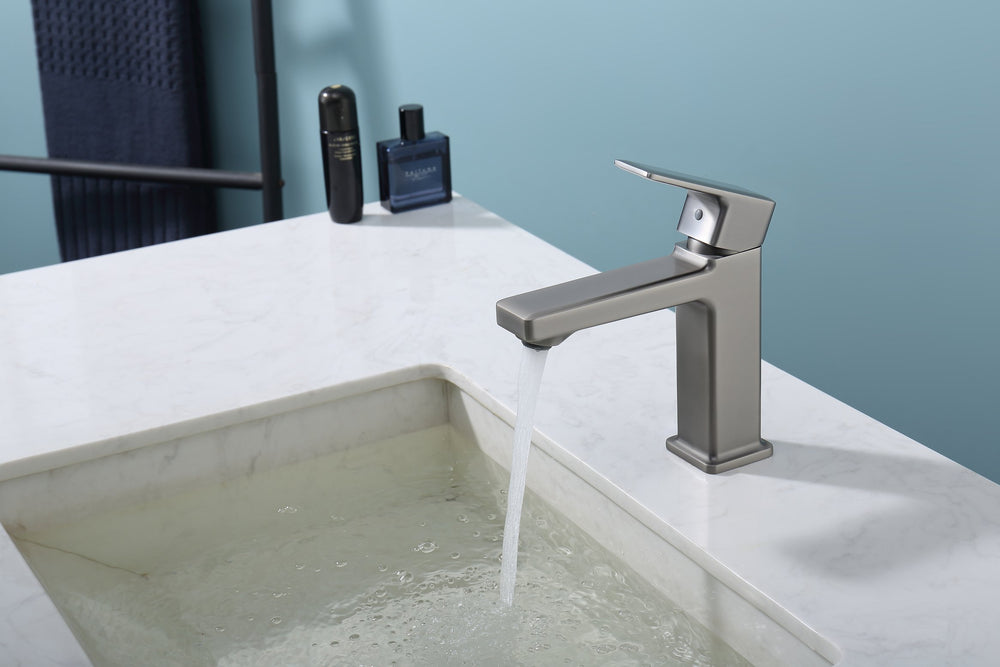 English Elm Gun Gray Single Hole Bathroom Faucet - Modern Sink Fixture With Easy Install & Two Hoses Included T3177P289655