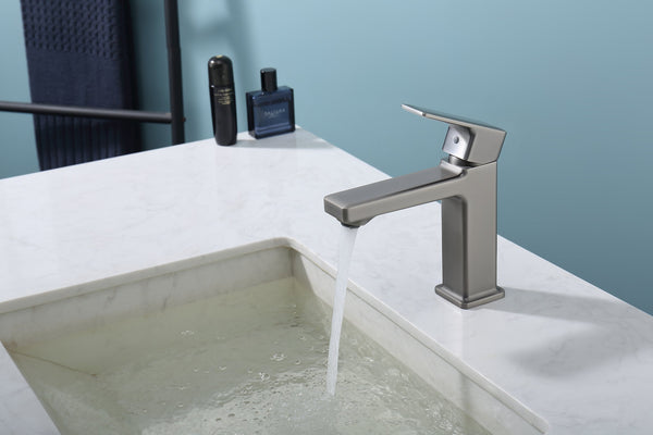 English Elm Gun Gray Single Hole Bathroom Faucet - Modern Sink Fixture With Easy Install & Two Hoses Included T3177P289655