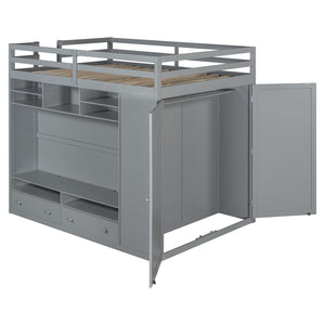 English Elm Full Size Loft Bed with Led Lighting Wardrobe Drawers and Shelves for Teen Rooms Gray LT000499AAE