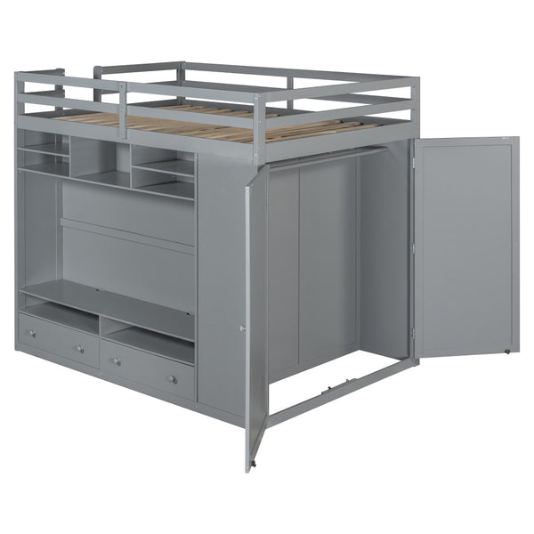 English Elm Full Size Loft Bed with Led Lighting Wardrobe Drawers and Shelves for Teen Rooms Gray LT000499AAE