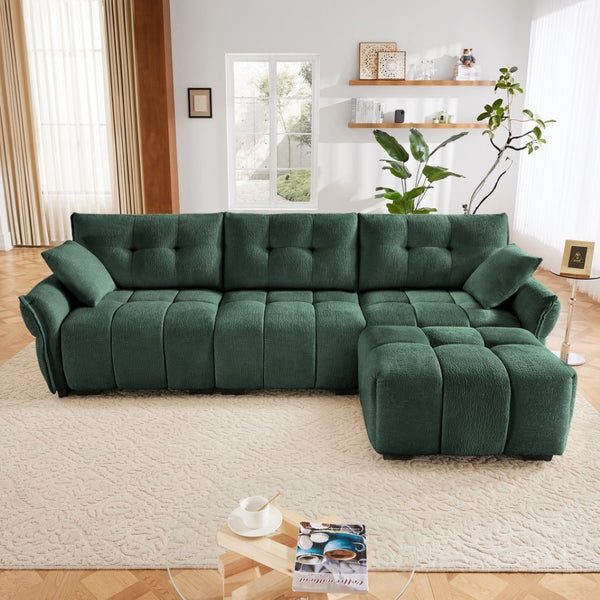 English Elm Three-Seater Sofa Set With Ottoman & Pillows - Elegant Green Chenille, Solid Wood, High-Resilience Comfort W714S01161-GIGA
