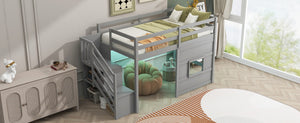 English Elm Twin Loft Bed Pinewood Frame with Storage Staircase Led Lighting and Window Cutout Gray GX000436AAE