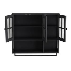 English Elm Bathroom Wall Cabinet with 3 Doors and Glass Panel, MDF Storage Cabinet with Towel Bar, Modern 35.6"L x 10.2"W x 32.5"H Black W757P329724