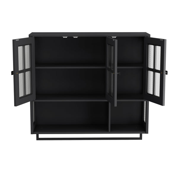 English Elm Bathroom Wall Cabinet with 3 Doors and Glass Panel, MDF Storage Cabinet with Towel Bar, Modern 35.6"L x 10.2"W x 32.5"H Black W757P329724