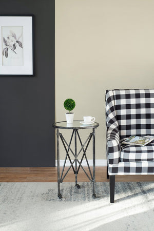 English Elm D17x26.5" Gilbert Side Table - Distressed Black Round Glass Top with Intersecting Frame & Casters W2078P394038