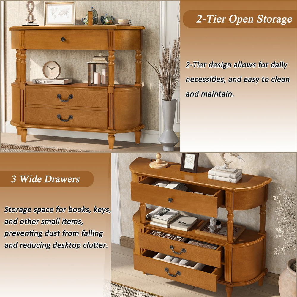 English Elm Retro Curved Wood Console Table with 3 Drawers, Mid-Century Entry Sofa Table with Shelf, Sturdy Pine Legs and High Weight Capacity Brown W1202P303776