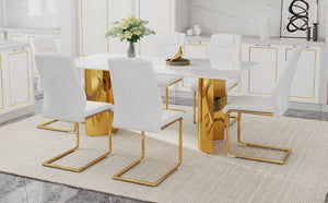 English Elm Table And Chair Set - Elegant White And Gold Dining Furniture With Comfortable Pu Seats, 6 Chairs W1151S04345-GIGA