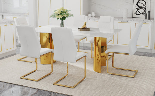 English Elm Table And Chair Set - Elegant White And Gold Dining Furniture With Comfortable Pu Seats, 6 Chairs W1151S04345-GIGA