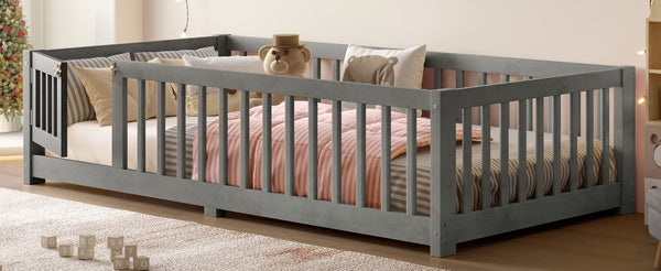 English Elm Twin Floor Bed Solid Pine Frame with Guardrails and Door for Safe Kid Sleep W1580P433575
