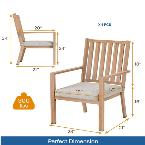 English Elm Set of 4 Outdoor Aluminum Dining Chairs Wood Grain Texture Waterproof Cushioned Patio Gray+ Khaki B082P455186