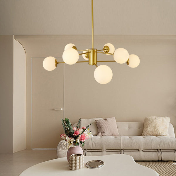 English Elm 35" Mid-century Branching Chandelier Eight Frosted Globe Shades Gold Iron Frame W2312P471909