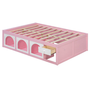 English Elm Full Size Kids Platform Bed with Led Lighting Bookshelf Display Cabinet and Storage Drawer Pink+White N820S00077H