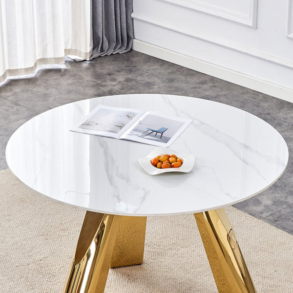 English Elm 42" Modern Luxury Round Sintered Stone Dining Set with Gold Metal Base & 4 Black PU Chairs, 42" Durable 5-Piece Contemporary Ensemble W1512S00122