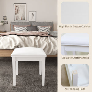 English Elm Vanity Stool with Cushion and Solid Wood Legs, White Finish — Comfortable PU Seat, Stable 264lb Load W3128P257656