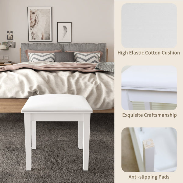 English Elm Vanity Stool with Cushion and Solid Wood Legs, White Finish — Comfortable PU Seat, Stable 264lb Load W3128P257656
