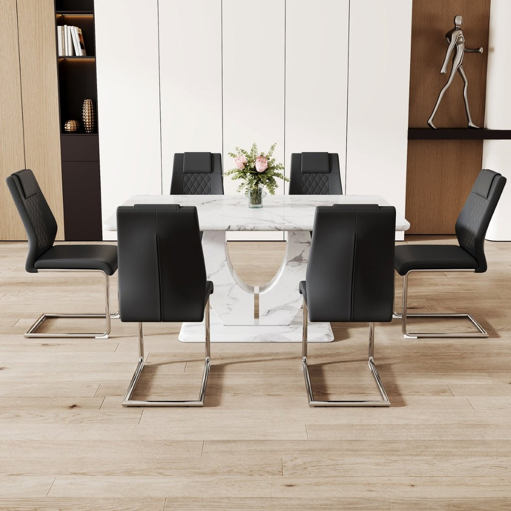 English Elm Table And Chair Set - Elegant Marble Pattern Mdf Dining Set With 6 Comfortable Black Pu Chairs W1151S02184-GIGA