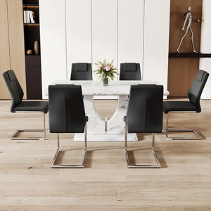 English Elm Table And Chair Set - Elegant Marble Pattern Mdf Dining Set With 6 Comfortable Black Pu Chairs W1151S02184-GIGA