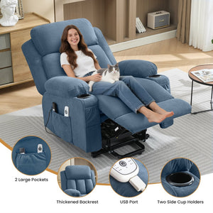 English Elm Swivel Rocker Recliner with Massage Heat and Usb Port for Living Room Comfort Blue W1521P425520