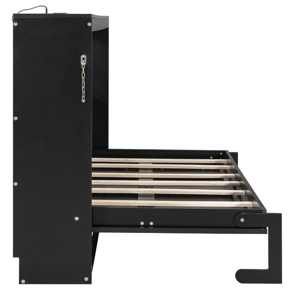 English Elm Twin-size Murphy Wall Bed with Led Lighting Usb Outlet and Decorative Printed Panel Black LP000355AAB