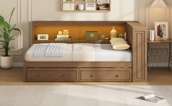 English Elm Full Pine Platform Daybed with Led Lighting Usb Charging Headboard Shelf and Drawers Wood N7090004032D