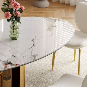 English Elm 70.9-inch Sintered Stone oval dining table with copper stainless base, kid-safe rounded edges, modern chic centerpiece (97) W509S00149