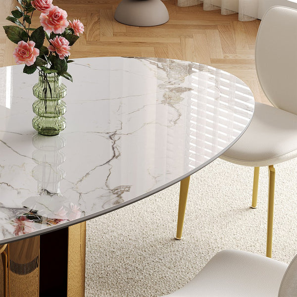 English Elm 70.9-inch Sintered Stone oval dining table with copper stainless base, kid-safe rounded edges, modern chic centerpiece (97) W509S00149