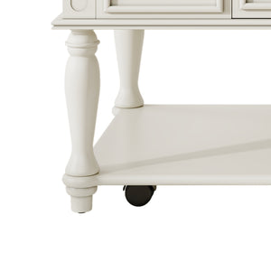 English Elm Farmhouse Retro Coffee Table with Lockable Wheels, One Drawer & Lower Shelf, Solid Wood Legs, Durable Finish White+Walnut N721P307935D