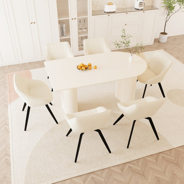 English Elm 63" Elegant Medieval Modern Cream Mdf Dining Table Set With 6 Beige Pu Chairs & Black Legs W2189S00762