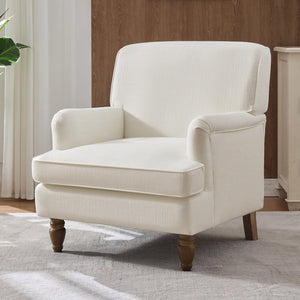 English Elm Vintage Linen Armchair with Rolled Arms and Turned Wood Legs — Plush Cushions, Sturdy Support, Timeless Accent for Living Spaces Cream 29.84 L x 29.5 W x 18.42 H N701P326070C