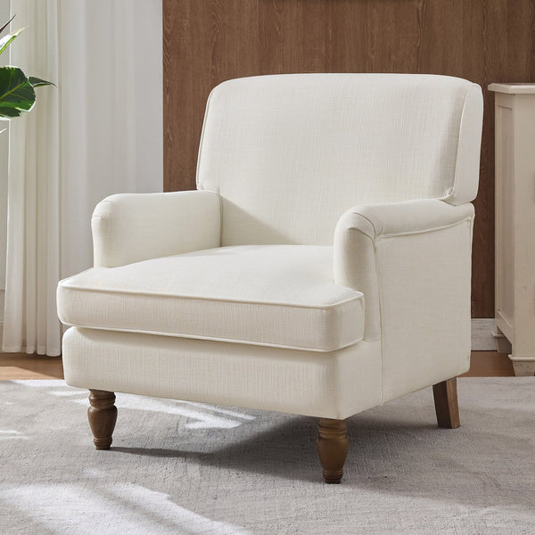 English Elm Vintage Linen Armchair with Rolled Arms and Turned Wood Legs — Plush Cushions, Sturdy Support, Timeless Accent for Living Spaces Cream 29.84 L x 29.5 W x 18.42 H N701P326070C