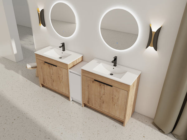 English Elm 84 Inch Freestanding Bathroom Vanity with Integrated Resin Sink, Soft-Close Doors, Shelves & Extra Storage Space Glossy White,Imitative Oak W999S00325