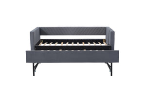 English Elm Twin Velvet Upholstered Daybed with Trundle, V-Pattern Backrest, USB Port, Side Pockets, Sturdy Design Grey W1361S00040