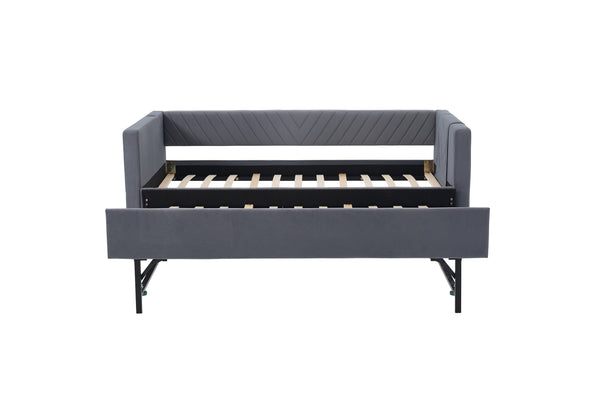 English Elm Twin Velvet Upholstered Daybed with Trundle, V-Pattern Backrest, USB Port, Side Pockets, Sturdy Design Grey W1361S00040