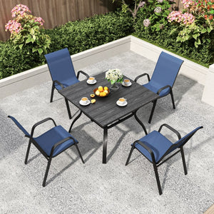English Elm 5-piece Outdoor Dining Set Wood Grain Table Stackable Chairs Uv Resistant Patio Black,Navy Blue W3979S00036