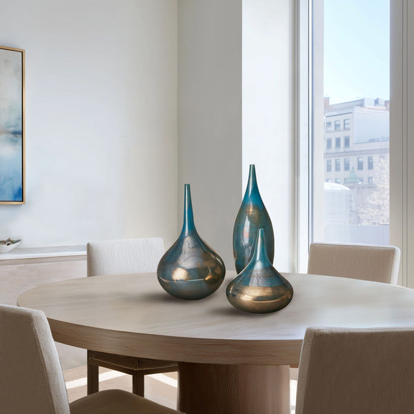JLA Home Madison Park Signature - Blue Handcrafted Teal-Blue & Bronze Glass Vases Set of 3 — High-Gloss Sculptural Accents for Home Decor MPS162-248