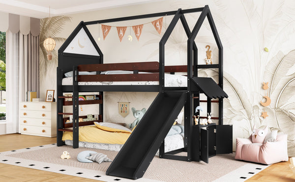 English Elm Full Size Pine Loft Bed House Frame with Slide Bookshelves and Moon Star Rails W1580S00311