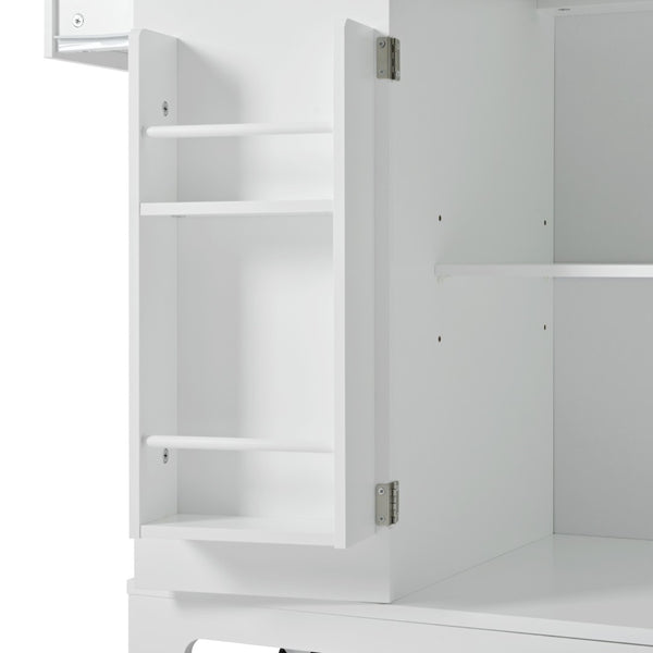 English Elm K&k Rolling Kitchen Island Rubber Wood Top Fluted Cabinet Built-in Charging Station White N707S221571W