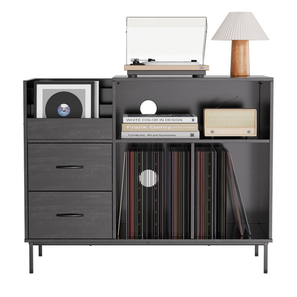 English Elm Record Player Stand with Vinyl Storage Mid-century Wood Console for Living Room T2398P438827