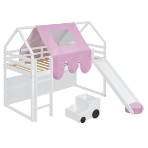 English Elm Twin House Loft Bed with Tent Canopy Slide and Shelves Pinewood Kids Frame White LT000682AAK-1