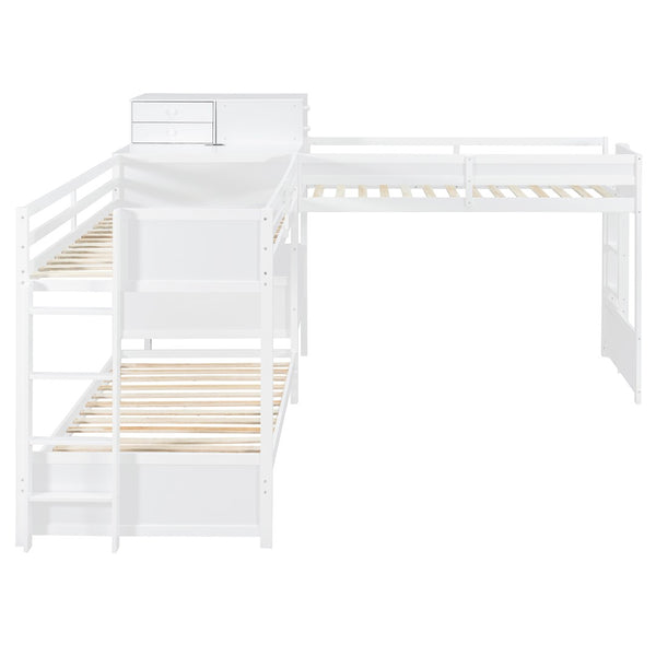 English Elm Twin L-shaped Bunk Bed Pine Wood Corner Design with Desk Drawers and Usb Charging White N820S00079K