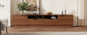 English Elm 78 Inch Walnut Media Console with Slatted Doors Solid Wood Legs and Cable Management N710P374714P