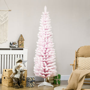 English Elm Homcom 6' Slim Pink Snow Flocked Pencil Christmas Tree For Indoor Decor - Realistic Branches & Easy Setup W2225P229529