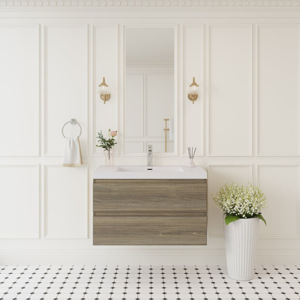 English Elm 36" Floating Wall Mounted Bathroom Vanity with Resin Basin and Soft Close Drawers Grey W1573P152699