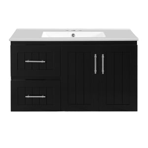 English Elm 36'' Wall Mounted Bathroom Vanity with Ceramic Sink, Solid Wood & MDF Floating Cabinet with Drawers Black N710P293299B