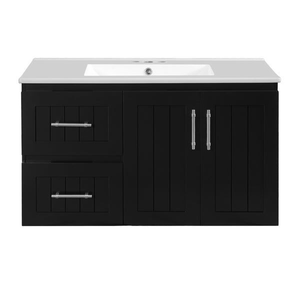 English Elm 36'' Wall Mounted Bathroom Vanity with Ceramic Sink, Solid Wood & MDF Floating Cabinet with Drawers Black N710P293299B