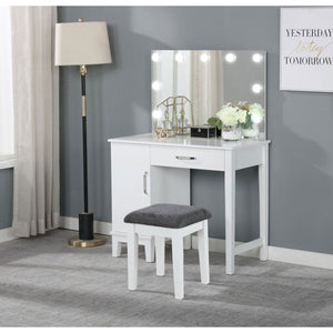 English Elm Elijah White Vanity Set with Lighted Mirror, Stool & Side Cabinet — Timeless Storage, Elegant Design B062S00866