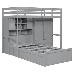 English Elm Twin Bunk Bed with Wardrobe Drawers Hydraulic Lift Shelves Kids Storage Gray LT000666AAE-1