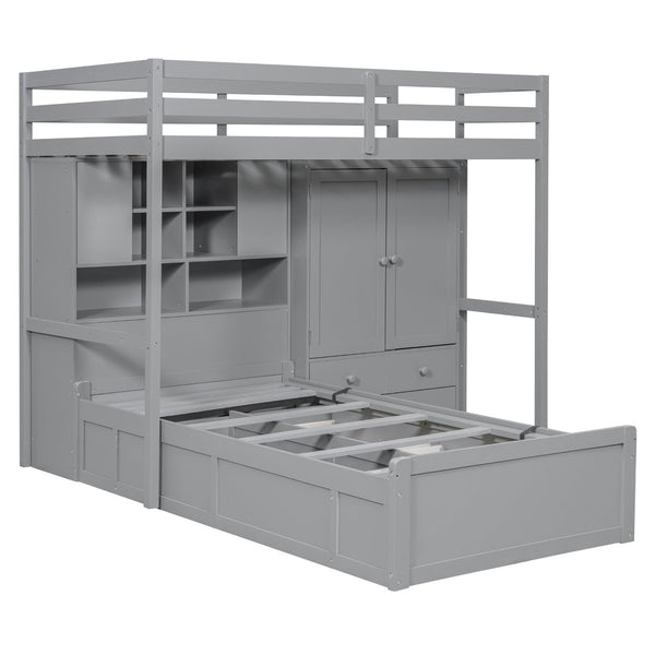 English Elm Twin Bunk Bed with Wardrobe Drawers Hydraulic Lift Shelves Kids Storage Gray LT000666AAE-1