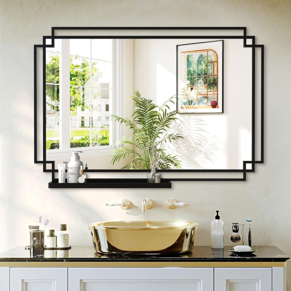 English Elm 24*36 Ines Black Iron Frame Wall Mirror with Integrated Shelf for Bath or Bedroom W708P421807